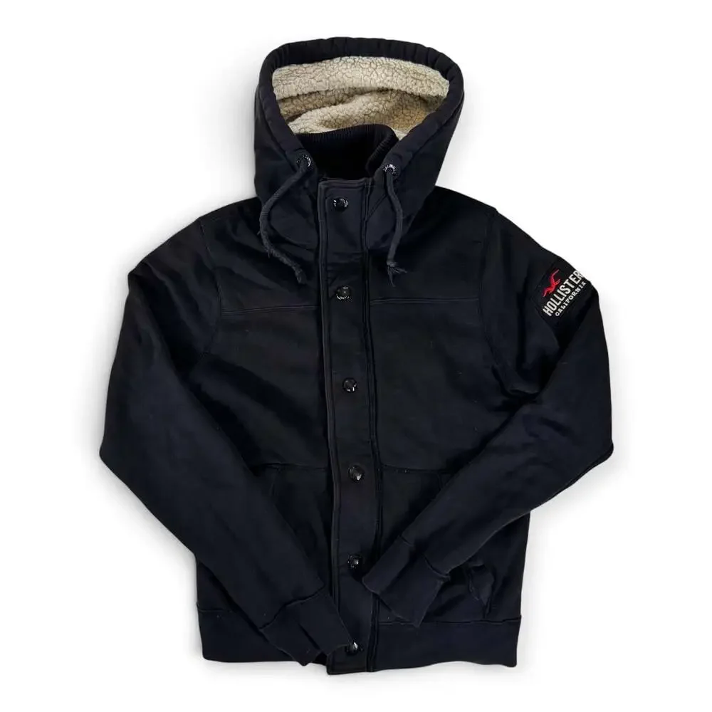 Hollister California Sherpa Lined Quilted Full Zip Hoodie Jacket Navy Blue